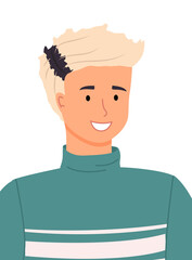 Stylish young man on a white background with a fashionable haircut and a black stripe on blond hair. Stylish teenager portrait. Handsome smiling young man, student or high school pupil flat vector