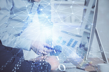 Multi exposure of tech drawings with man working on computer background. Concept of innovation.