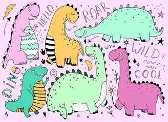 Dinosaurs in cartoon scandinavian style, line drawing,  bright color. colorful cute baby illustration perfect for kids room 