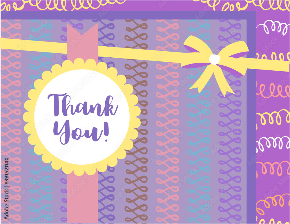 Sticker Design template for cute Thank you card . Template for scrapbooking with hand drawn doodle patterns. For birthday, anniversary, party invitations. Vector