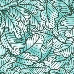 Leaves pattern. Seamless drawing. Blue leaves background. Vintage texture.