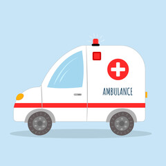 Ambulance in flat cartoon style on blue background. Vector
