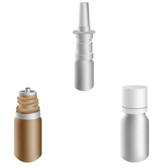 3d blank pharmaceutical packs: nasal spray, jar with dispenser bottle for drugs. Vector mock-up of clean white packaging for medicament. Set for package design.
