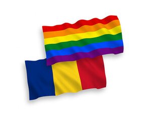 Flags of Romania and Rainbow gay pride on a white background