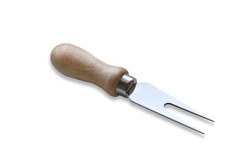 Cheese fork with wooden handle on white background.