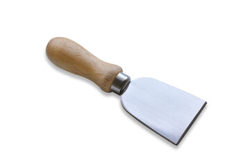 Cheese knife with wooden handle on white background.