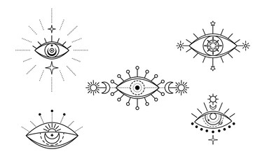 Evil seeing eye symbol set. Occult mystic emblem, graphic design tattoo. Esoteric sign alchemy, celestial bodies, providence sight, Vector eye boho design. Outline eyes symbols with moon, stars