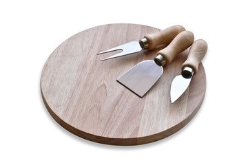 Cheese knife set with circle board on white background.
