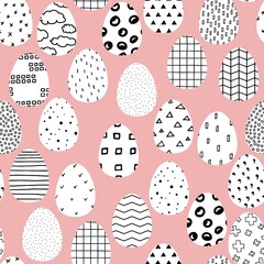 Seamless vector Happy Easter pattern. Easter eggs painted with black and white Scandinavian ornaments on a pink background. Festive spring Polka dot, stripes, crosses illustration. Cute Easter Symbols