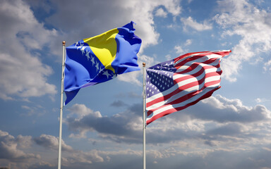 Beautiful national state flags of USA and Bosnia and Herzegovina together at the sky background. 3D artwork concept.