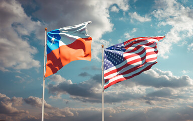 Beautiful national state flags of USA and Chile together at the sky background. 3D artwork concept.