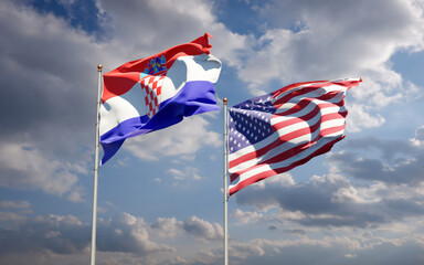 Beautiful national state flags of USA and Croatia together at the sky background. 3D artwork concept.