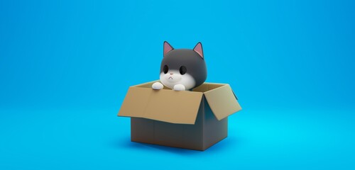 3D rendering concept illustration of a cute black and white cat in a cardboard box on white background