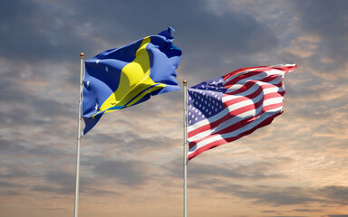 Beautiful national state flags of Tokelau and USA together at the sky background. 3D artwork concept.