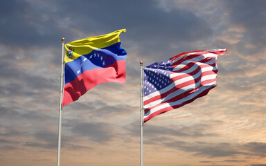 Beautiful national state flags of Venezuela and USA together at the sky background. 3D artwork concept.