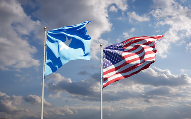 Beautiful national state flags of Somalia and USA together at the sky background. 3D artwork concept.