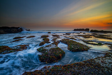 Amazing seascape. Ocean with moving wave. Low tide. Stones covered by green moss and seaweeds. Concept of nature background. Sunset scenery. Long exposure. Mengening beach, Bali
