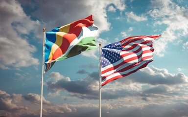 Beautiful national state flags of Seychelles and USA together at the sky background. 3D artwork concept.