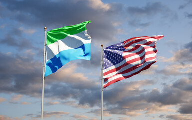 Beautiful national state flags of Sierra Leone and USA together at the sky background. 3D artwork concept.