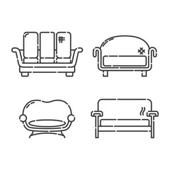 Comfortable sofa with three pillow. Four modern stylish object for relaxation. Image of couch in line art style. Element furniture of the interior. Flat illustration with settee on white background