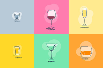 Shot vodka, tequila, whiskey, wineglass red wine, martini, champagne line art in flat style. Restaurant alcoholic illustration for celebration design. Beverage outline icon. Isolated contour object