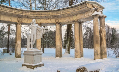 Ruin of Apollo in the winter Pavlovsky park in St. Petersburg