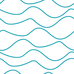 Vector abstract hand drawn blue doodle ocean waves eamless pattern background. Loose horizontal wavy lines on white backdrop. Hand drawn linear geometric repeat. All over print for summer water theme