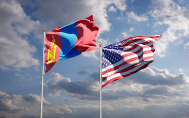 Beautiful national state flags of Mongolia and USA together at the sky background. 3D artwork concept.