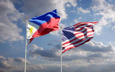 Beautiful national state flags of Philippines and USA together at the sky background. 3D artwork concept.