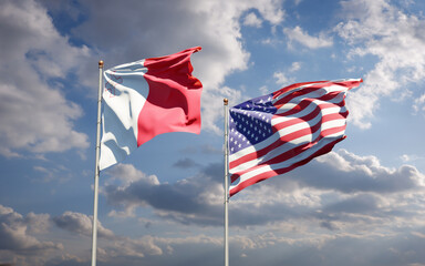 Beautiful national state flags of Malta and USA together at the sky background. 3D artwork concept.