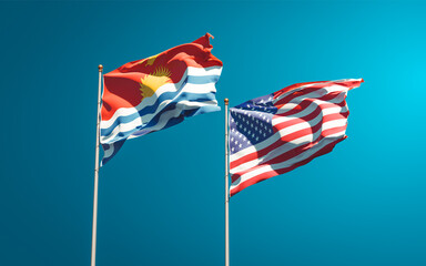 Beautiful national state flags of Kiribati and USA together at the sky background. 3D artwork concept.