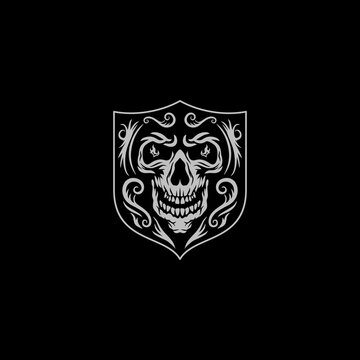 Heraldry Skull Shield Emblem Badge Symbol, Apparel, Tattoo, Horror, Dark Vector Illustration