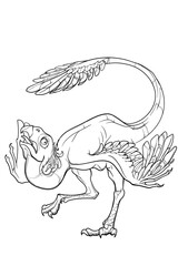 Gigantoraptor mating dance. Black linear hand drawing isolated on a white background. Coloring Book page. EPS10 Vector illustration