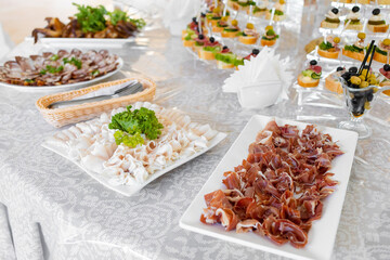 cold cuts on a served white table - prosciutto ham, salami and lard, sandwiches