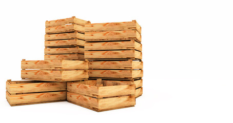3D render of Wooden crates stack isolated on white background. Empty wooden crates