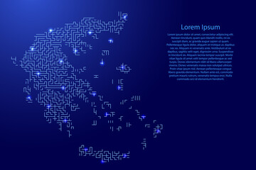 Greece map from blue pattern of the maze grid and glowing space stars grid. Vector illustration.