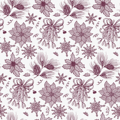 Vector seamless pattern Christmas, New Year with hand drawn plants. Poinsettia, mistletoe, spruce, pine, holly.  Romantic illustration in vintage style, greeting card. Winter template.