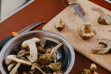Sliced mushrooms in metal plate. View from above