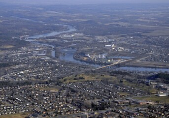 Aerial view of Trenton Ontario, neighborhoods and infrastructure along the River Trent in Ontario Canada early Spring