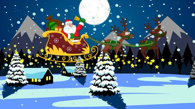 Santa In A Sleigh And Reindeers Flying In Christmas Night. 4K Animation Video Motion Graphics With Landscape Background