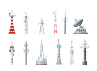 Communication towers set. Radio wireless masts and telecommunication towers, radio tv antenna. Communication satellite antenna, wireless television broadcast isolated