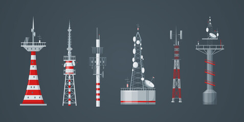 Communication towers set. Radio wireless masts and telecommunication towers, radio tv antenna. Communication satellite antenna, wireless television broadcast isolated
