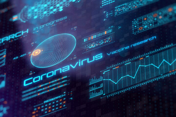 COVID-19 Coronavirus vaccine research on digital lcd display with reflection. Medical and scientific concept. 3D rendering.