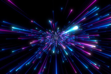 Fototapeta Abstract background in blue and purple neon glow colors. Speed of light in galaxy. Explosion in universe. Cosmic background for event, party, carnival, celebration or other. 3D rendering. obraz