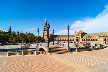 General view of the Plaza de Espa&ntilde;a in Seville with its main building, the South Tower and the fountain located in the center of the square (Spain). Emblematic place next to the Mar&iacute;a Luisa park.