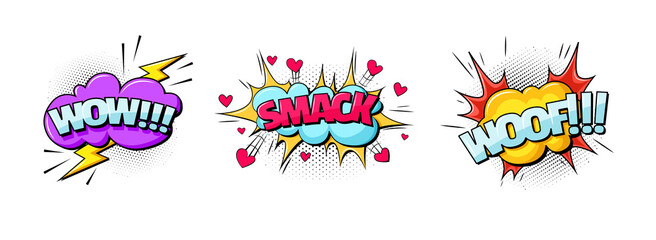 Comic speech bubble. Speech clouds with quotes, exclamations, surprise, admiration, anger, sound effects pop art crash, zap,smash. Cartoon pattern with comic speech bubble, boom, burst clouds.