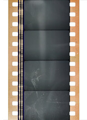 Obraz premium concept photo of 35mm cine film strip with empty frames isolated on white backgroud with cool texture and optical stereo sound showing the amplitude of the audio signal, analog sound part. 