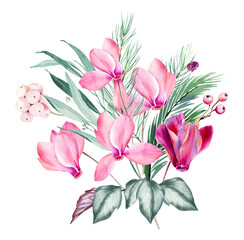 Watercolor Pink cyclamen and  poinsettia clipart with eucalyptus leaves. Pink Christmas decoration for digital scrapbooking, Winter bouquet with pink florals