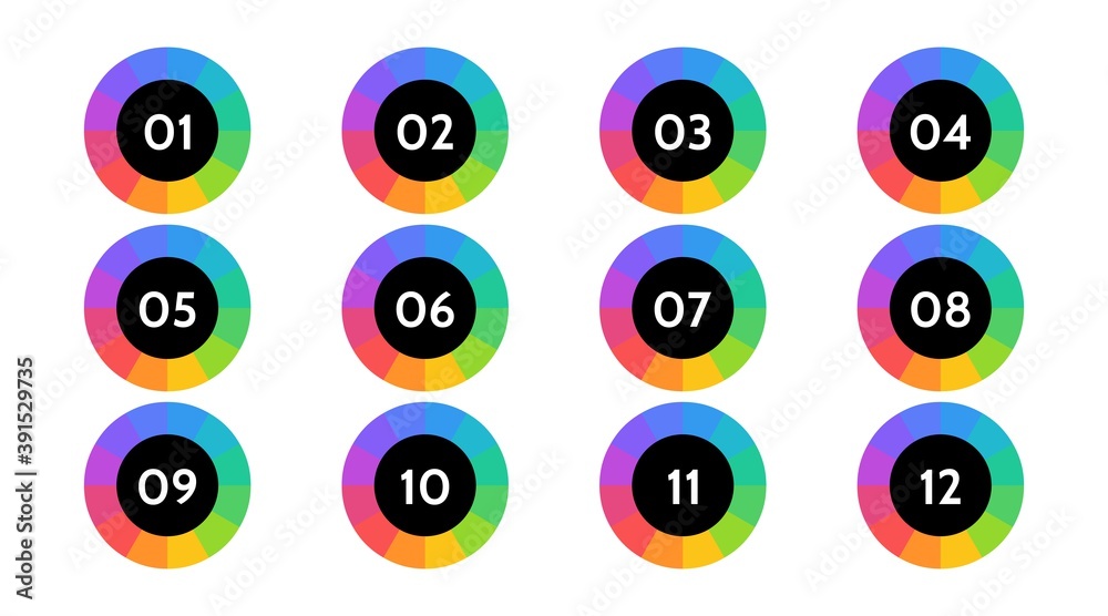 Poster Bullet points data, info markers. icon arrow set. Number Flags 1 to 12 Flat design isolated vector. infographic illustration.