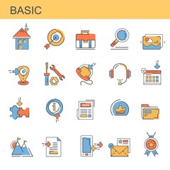 Basic. Set of icons for the site. Set of vector, color, flat, modern icons. The set contains icons such as home page, location and others.